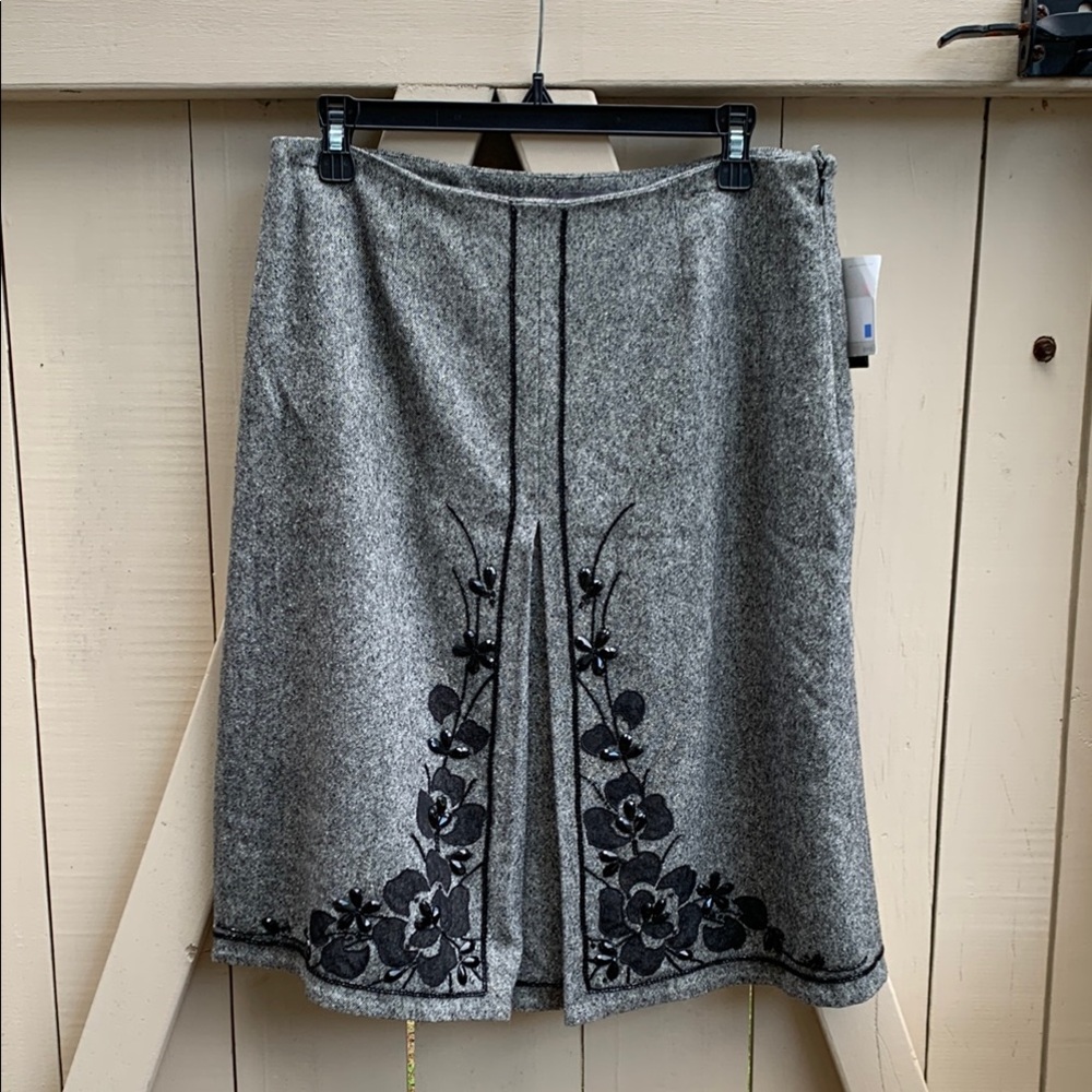 Wool Gray Liz Claiborne Midi A-Line Skirt with Floral Sequin Detail - NWT